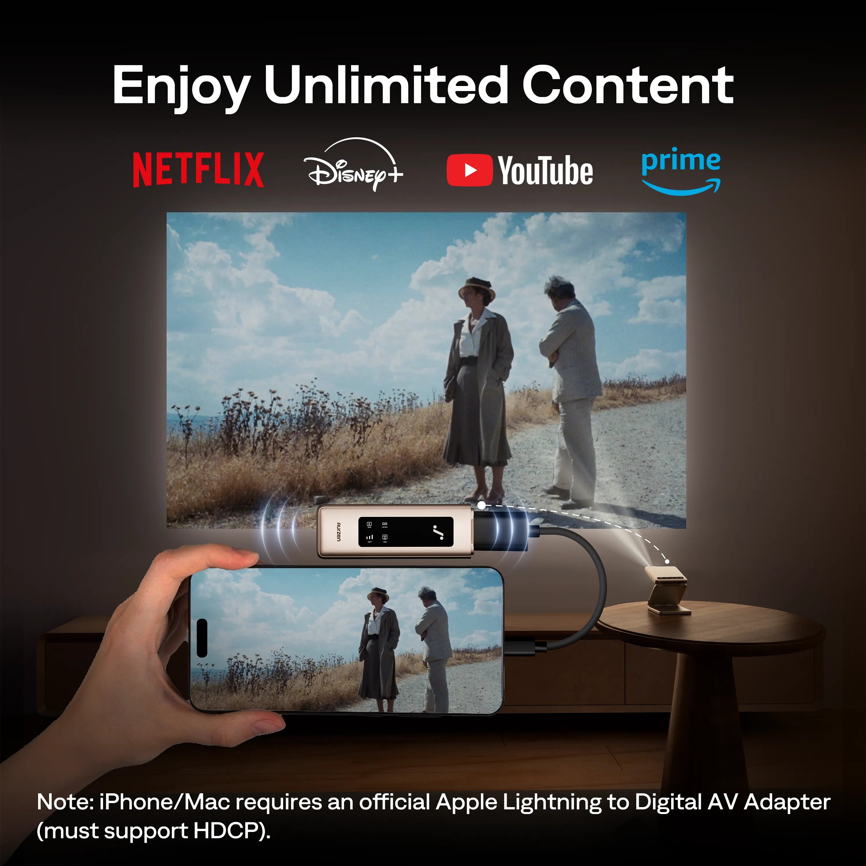 Wireless HDMI dongle streaming Netflix, YouTube, Prime Video from phone to projector