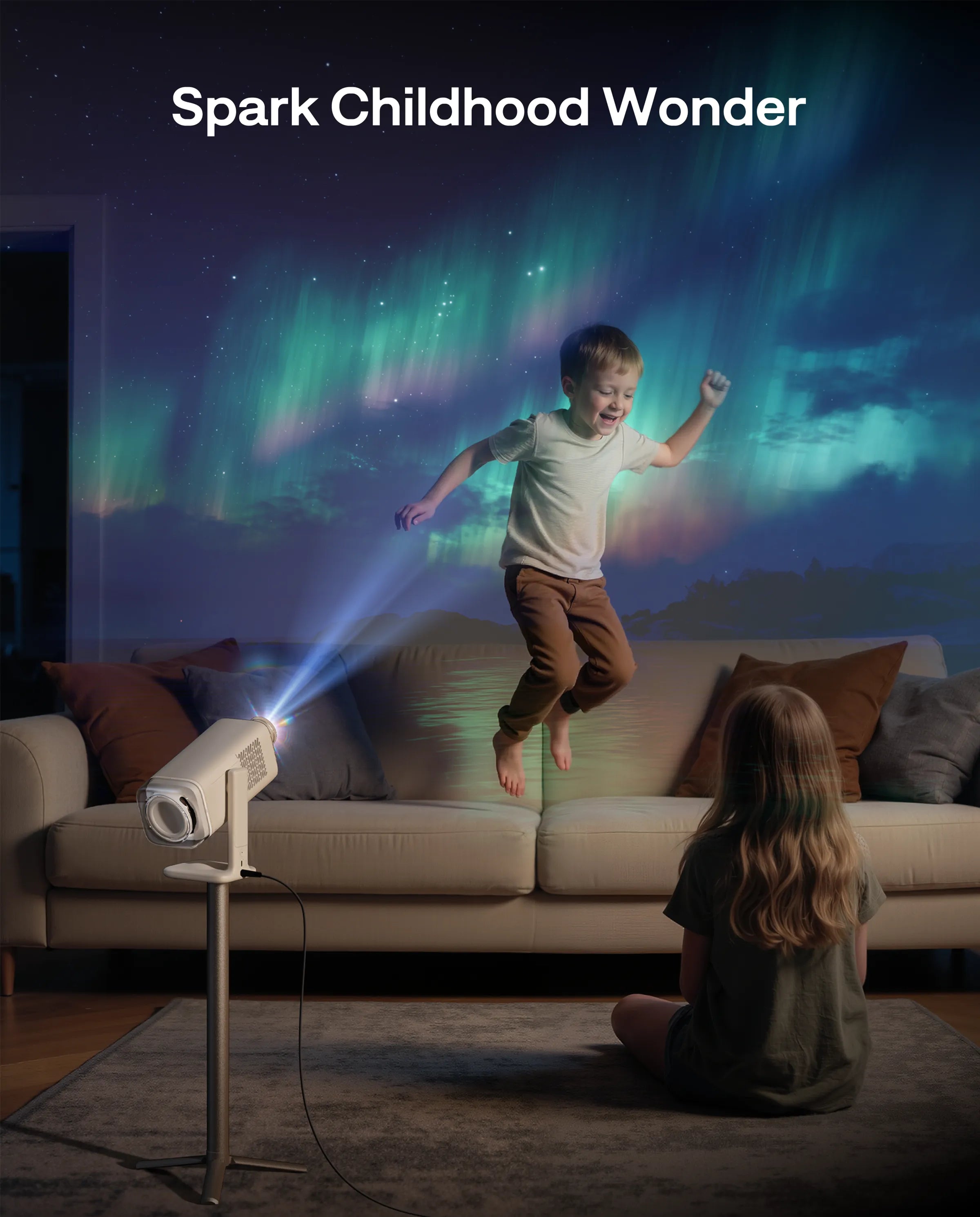 Aurzen AuroraBeam Lens projecting aurora effect with BOOM air projector for kids immersive play