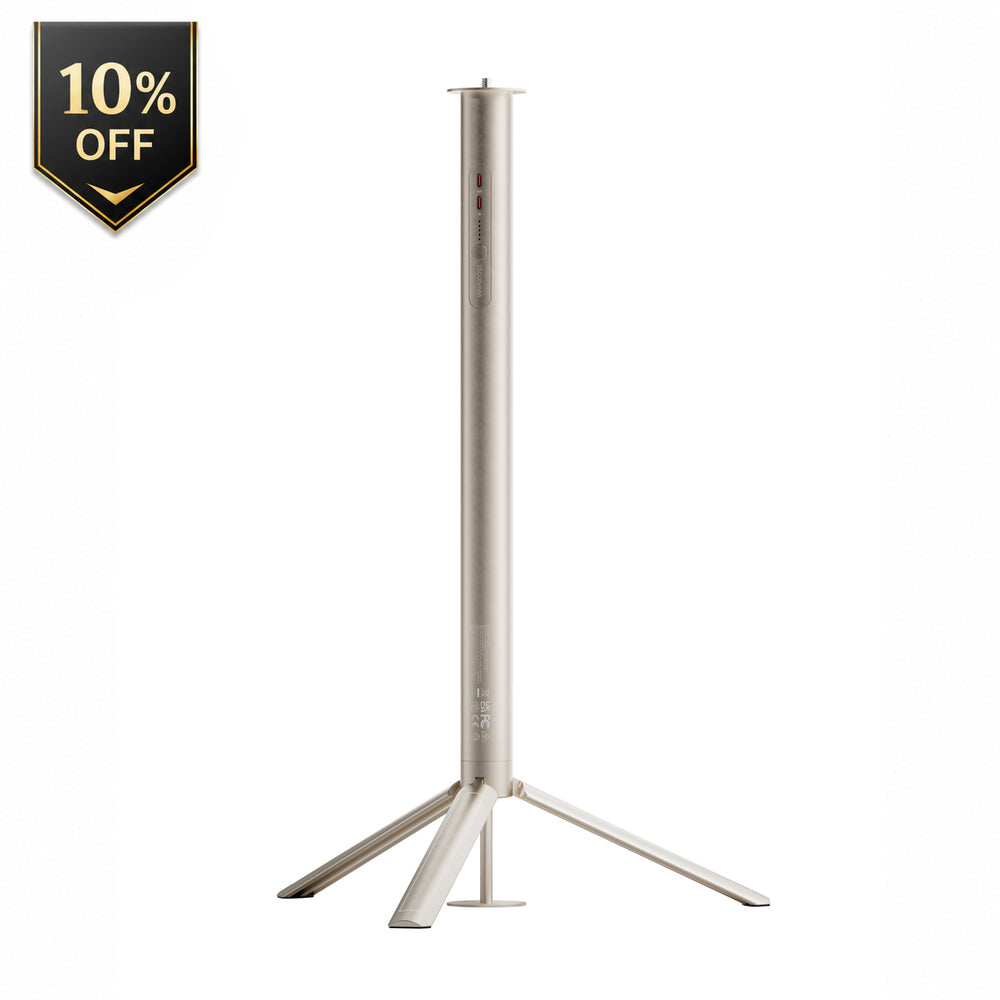 Projector stand with tall vertical column and three-legged base, light silver metal