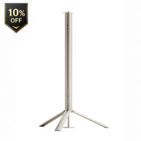 Projector stand with tall vertical column and three-legged base, light silver metal