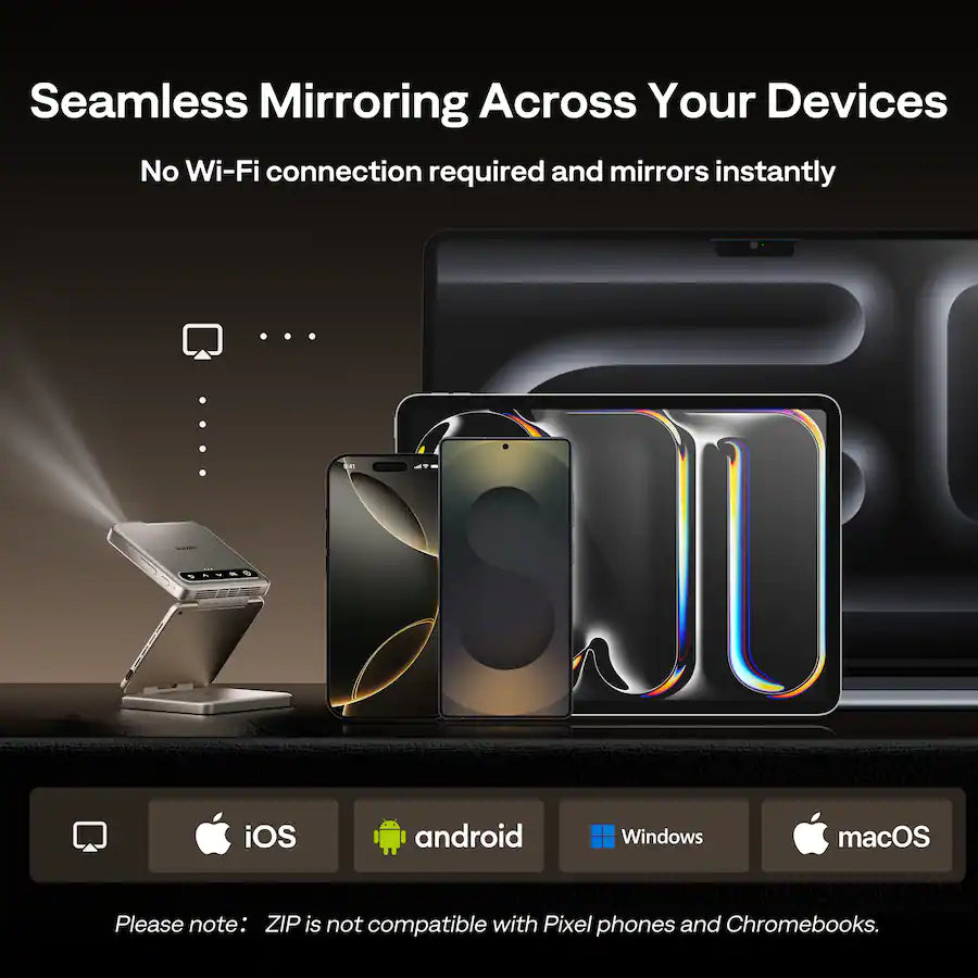 <tc>Aurzen</tc> Mini projetor triplo, tecnologia DLP, foco sem atraso, espelhamento de tela com um clique, carregamento rápido, bateria de 5000 mAh - Dourado