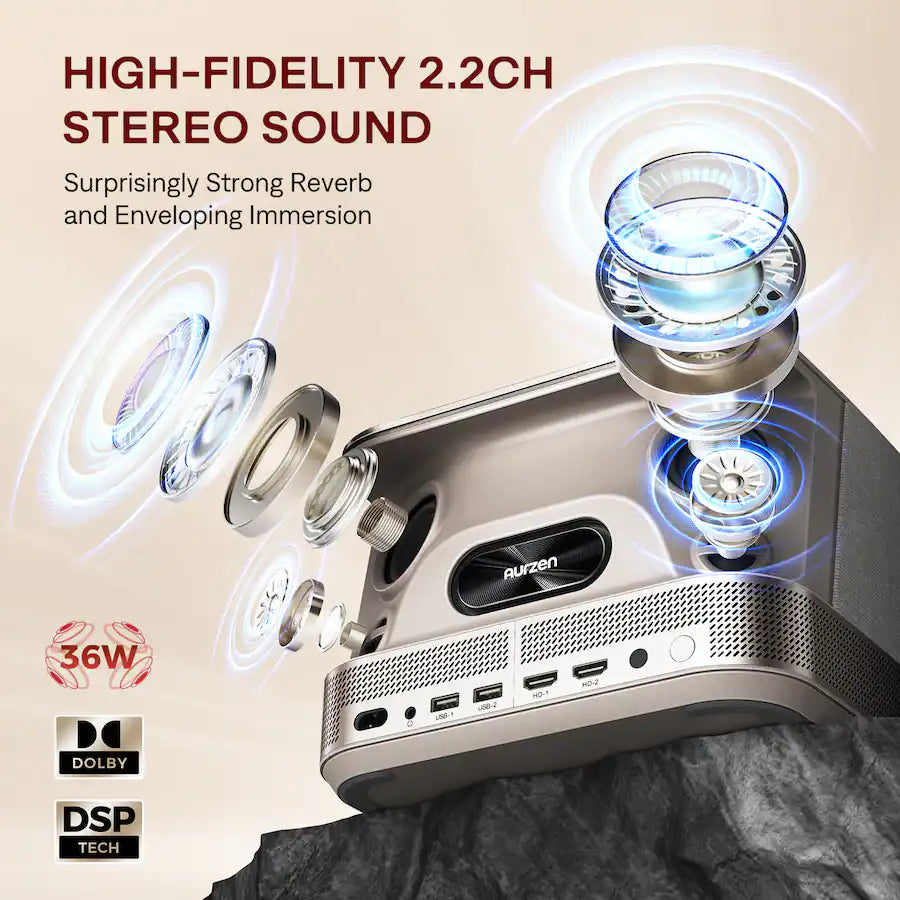 <tc>Aurzen</tc> - Projetor inteligente, alto-falantes de 36 W & Áudio Dolby Digital, Correção Keystone com Foco Automático, Licença Netflix 500 ANSI, 1080p Nativo - Gold