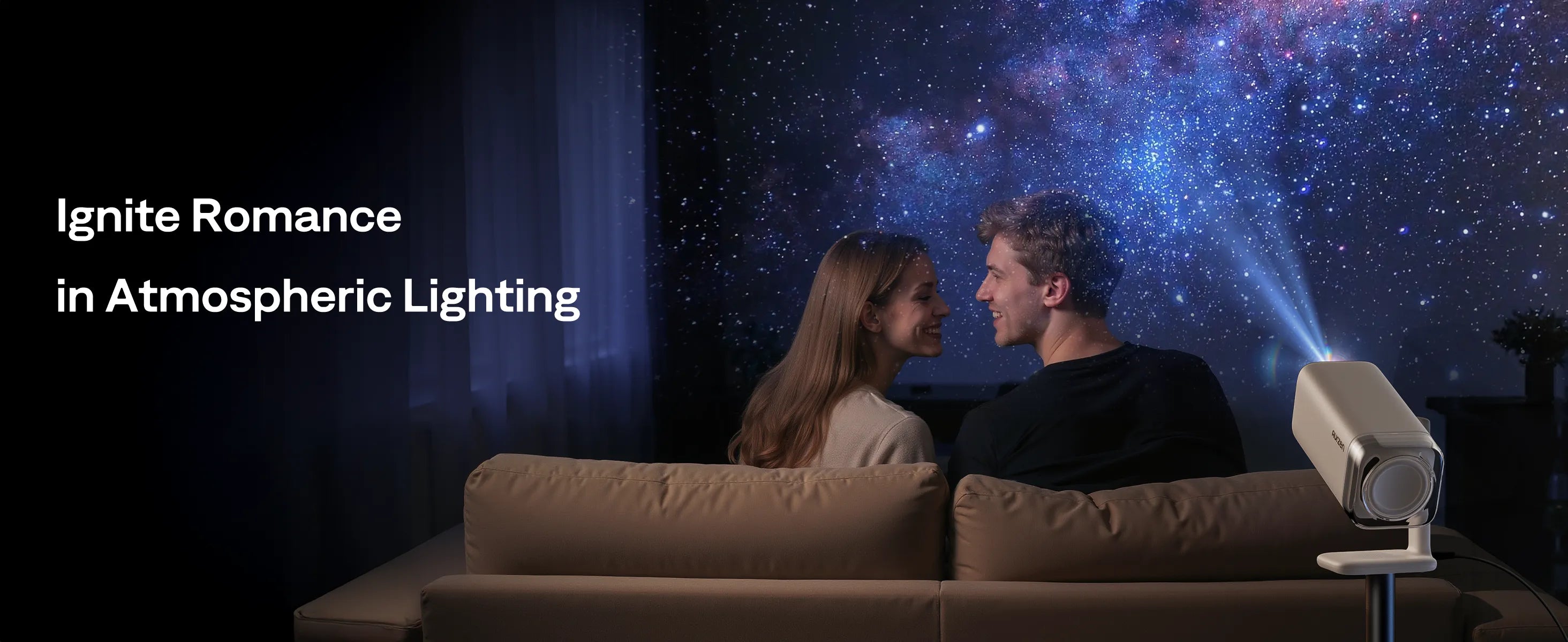 Aurzen AuroraBeam Lens on BOOM air projector creating romantic starry sky projection at home