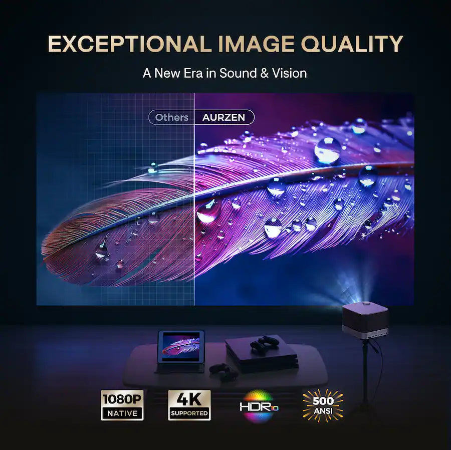 <tc>Aurzen</tc> - Projecteur intelligent natif 1080p, haut-parleurs 36 W & DoIby Audio, Auto Focus Keystone, Netflix Officiel 500 ANSI - Noir