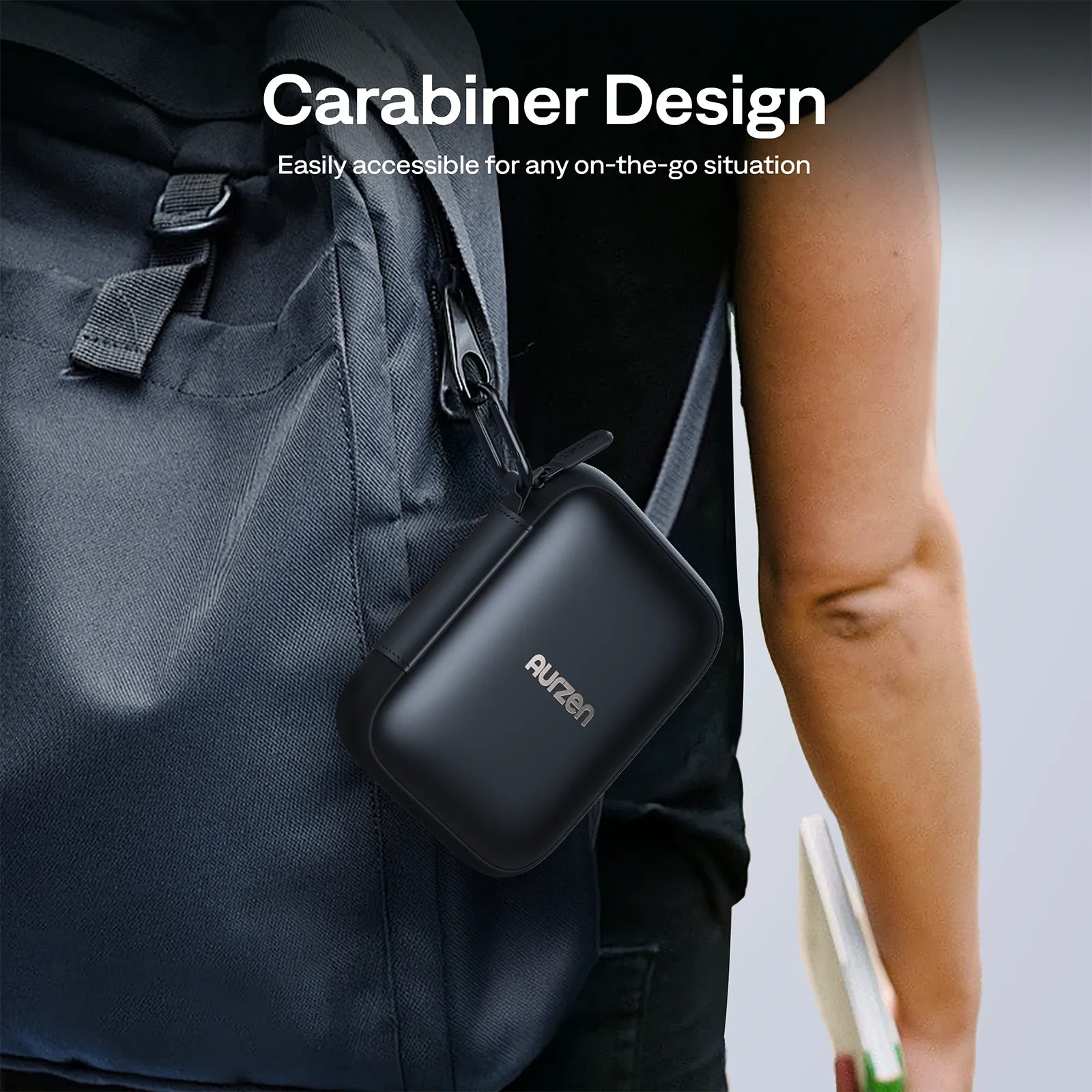 Aurzen projector case clipped to backpack – ideal for travel and outdoor use