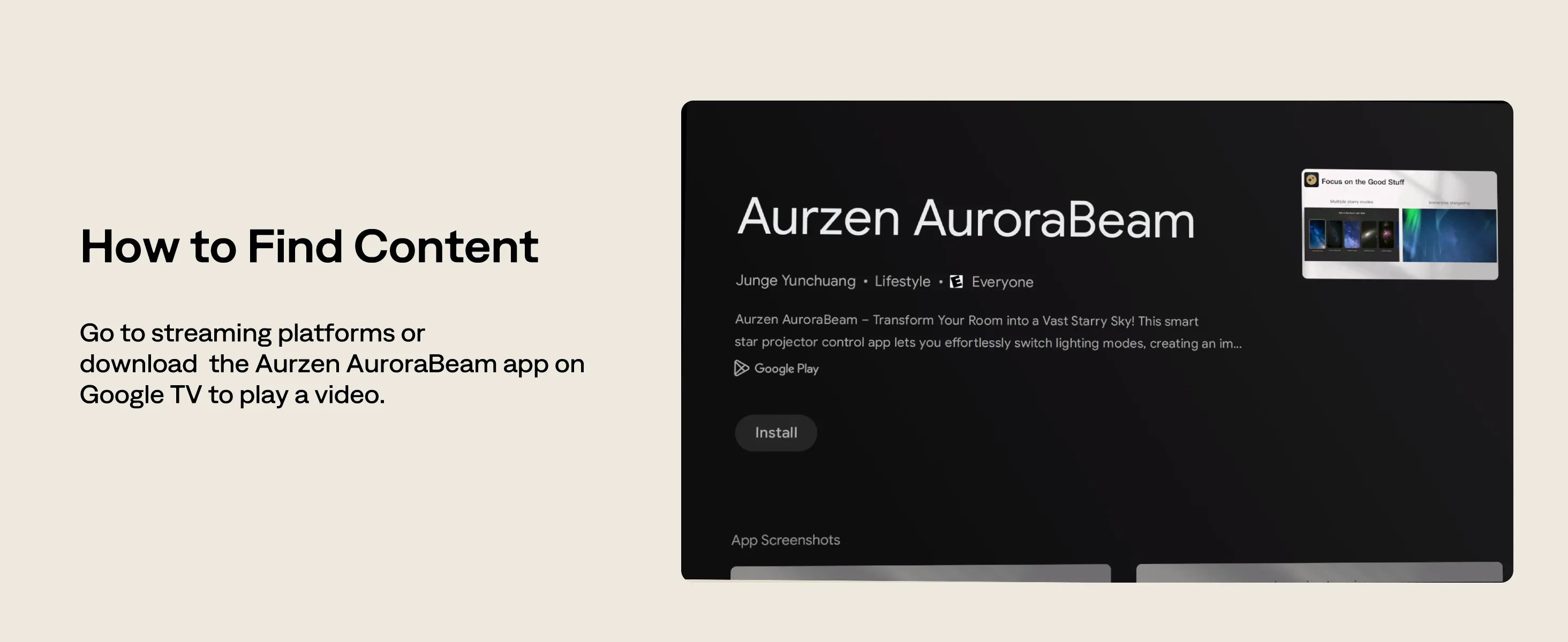 Aurzen AuroraBeam app on Google TV for streaming immersive projection content with BOOM air