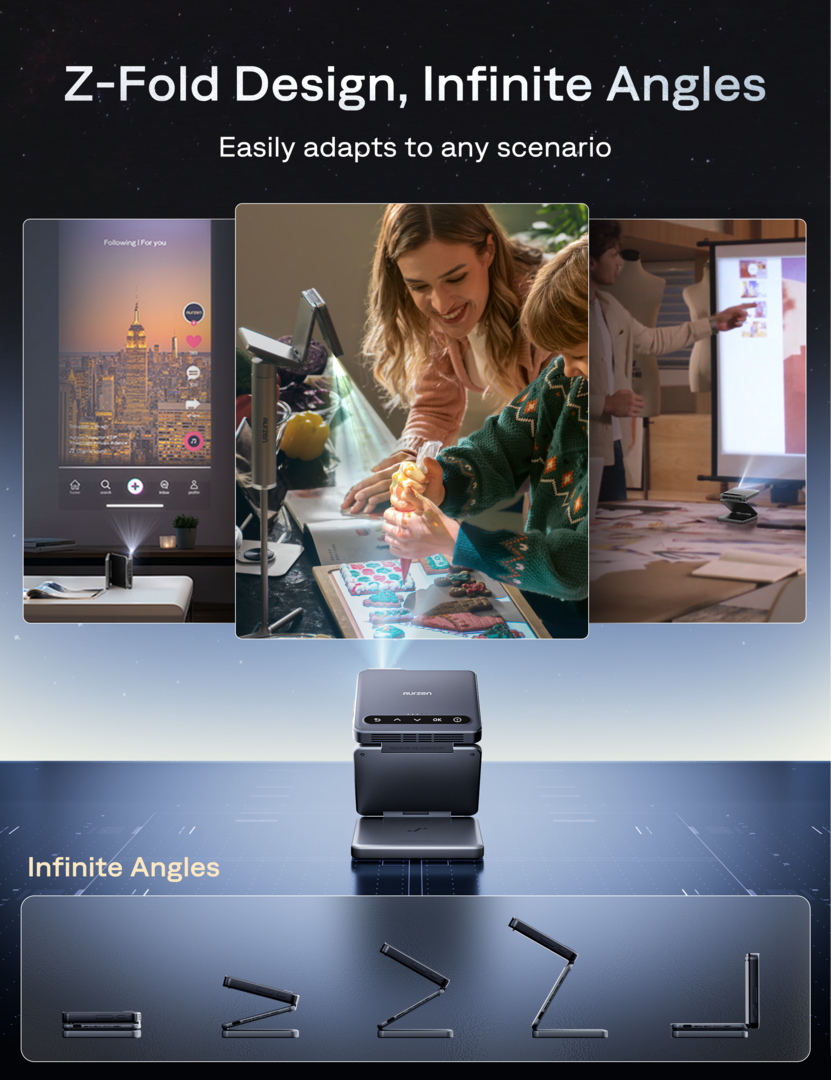 <tc>Aurzen</tc> Proyector plegable en tres partes, enfoque instantáneo, duplicación de pantalla con un solo clic, batería de 5000 mAh, tecnología DLP - Gris