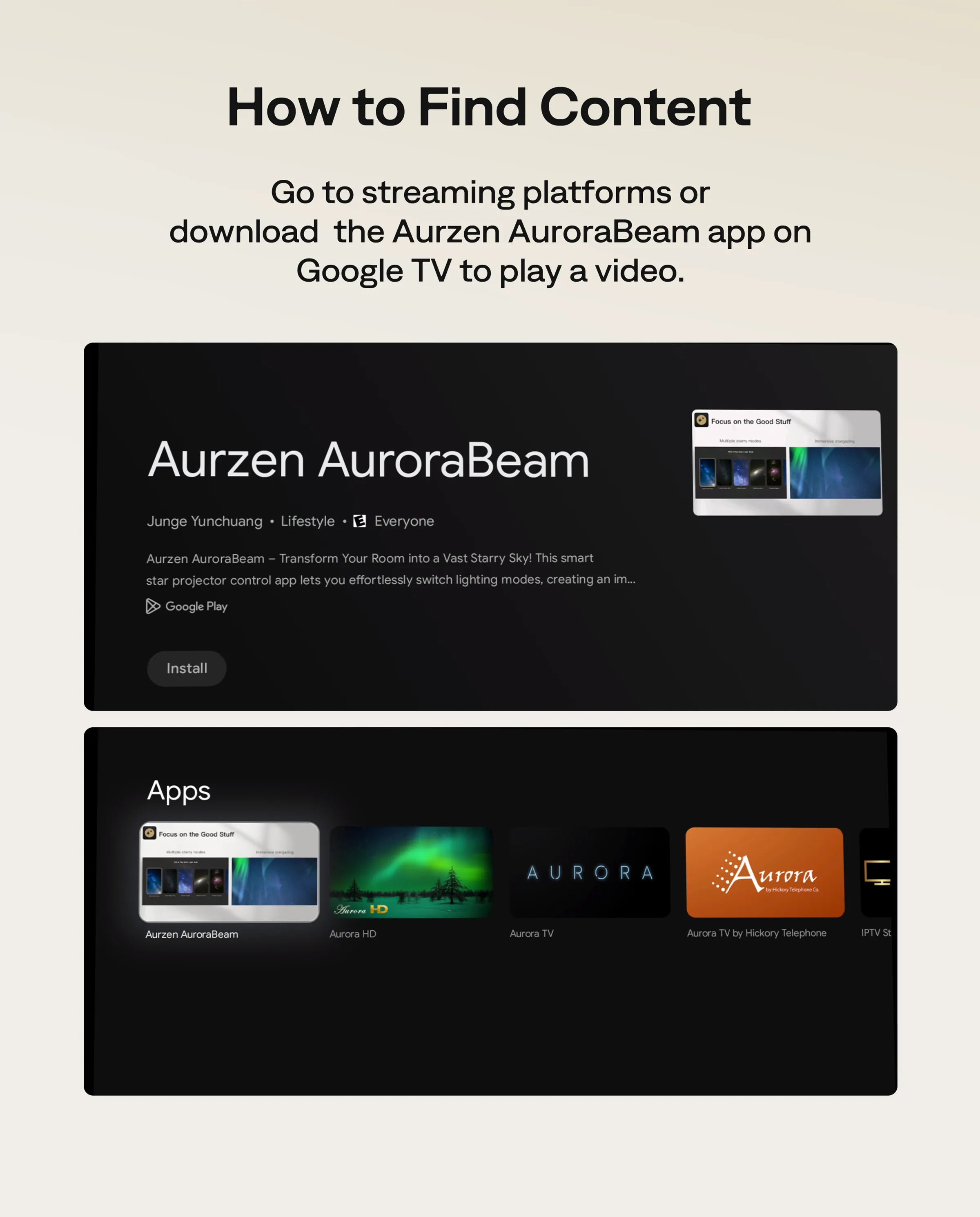 Aurzen AuroraBeam app on Google TV – streaming ambient and immersive projection content