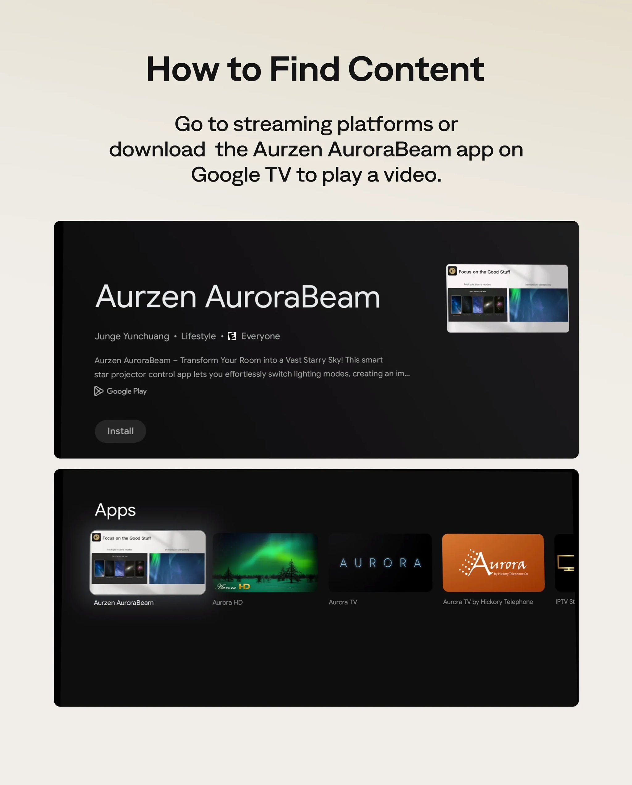 Aurzen AuroraBeam app on Google TV – streaming ambient and immersive projection content