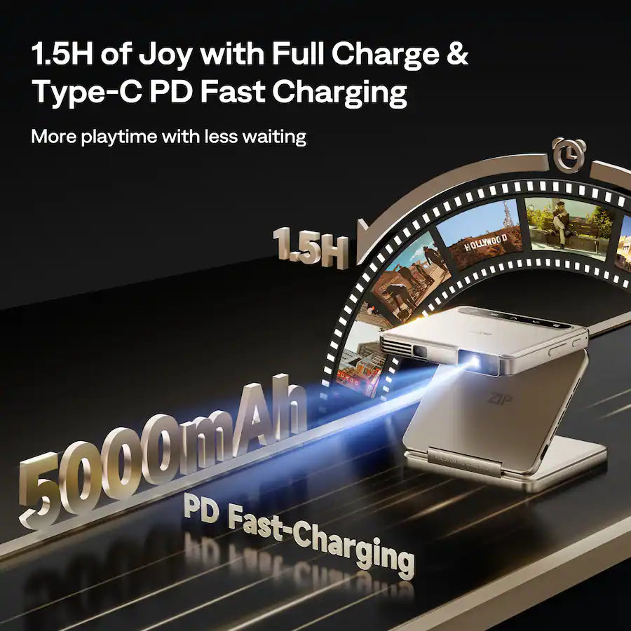 <tc>Aurzen</tc> Mini projetor triplo, tecnologia DLP, foco sem atraso, espelhamento de tela com um clique, carregamento rápido, bateria de 5000 mAh - Dourado