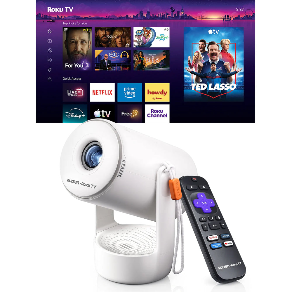 Aurzen EAZZE E1R Roku TV mini projector showing streaming home screen and remote