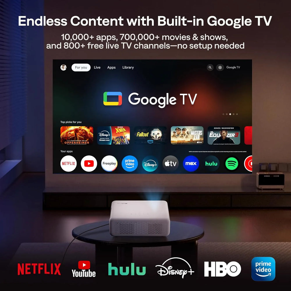 Aurzen EAZZE D1G projector with built-in Google TV showing streaming apps like Netflix and Disney+