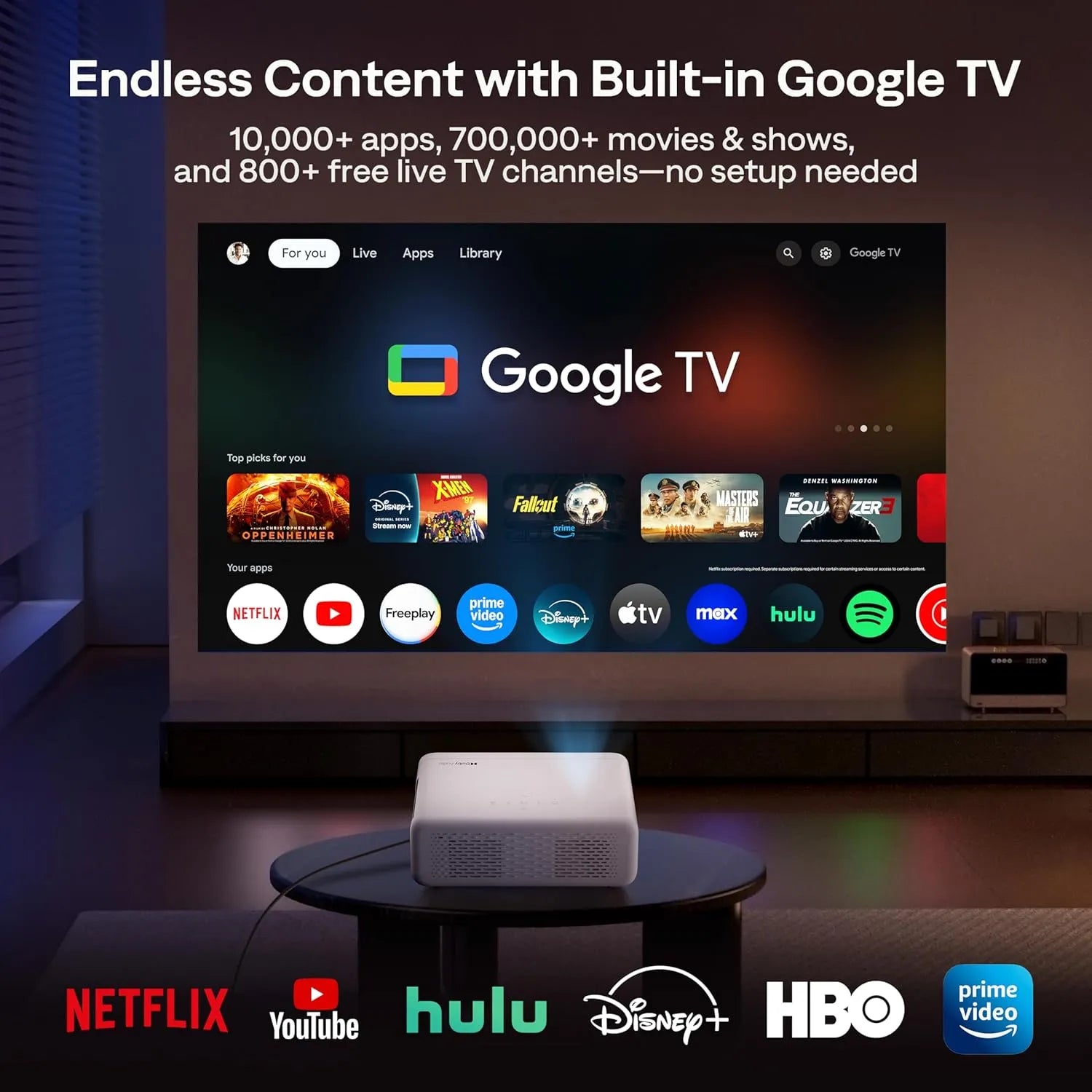 Aurzen EAZZE D1G projector with built-in Google TV showing streaming apps like Netflix and Disney+