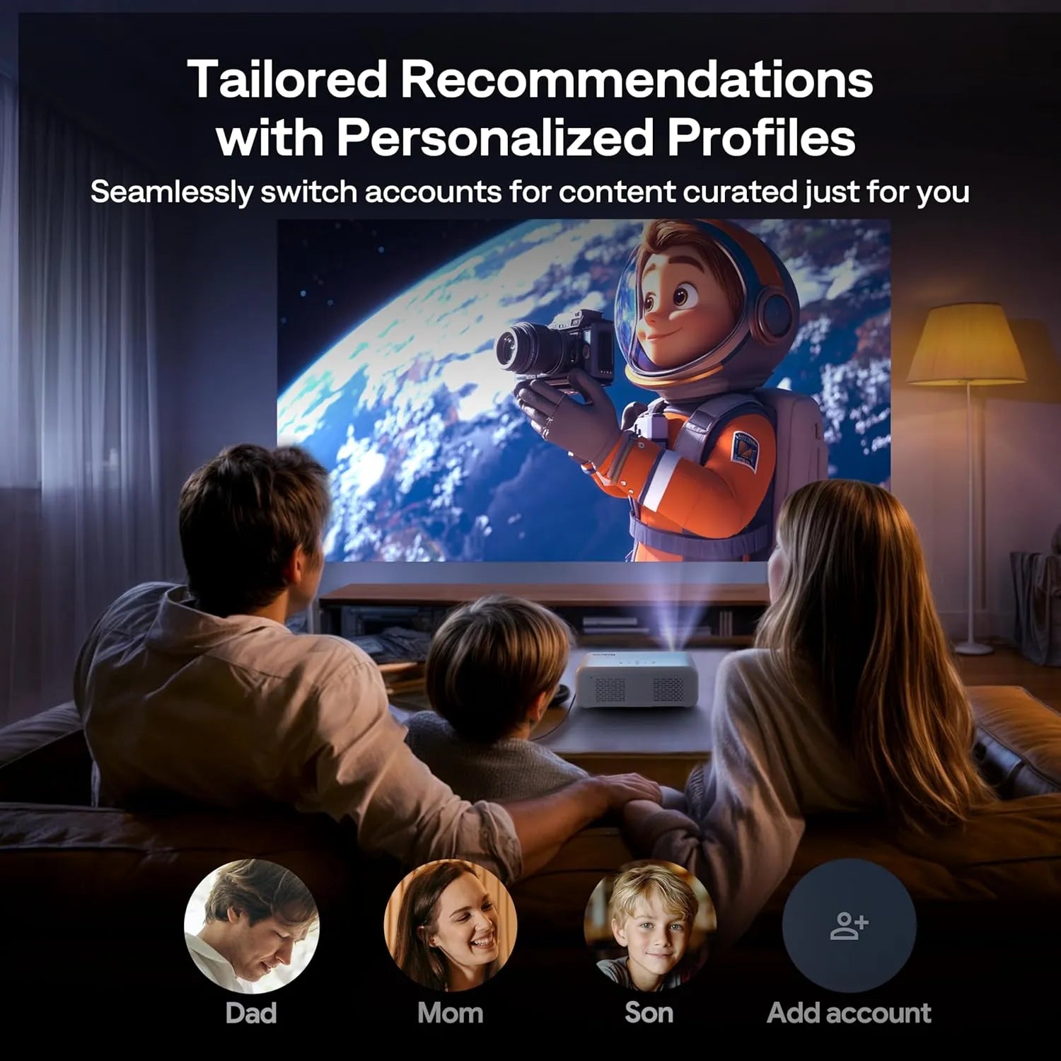 Family using Aurzen projector with personalized Google TV profiles for tailored content