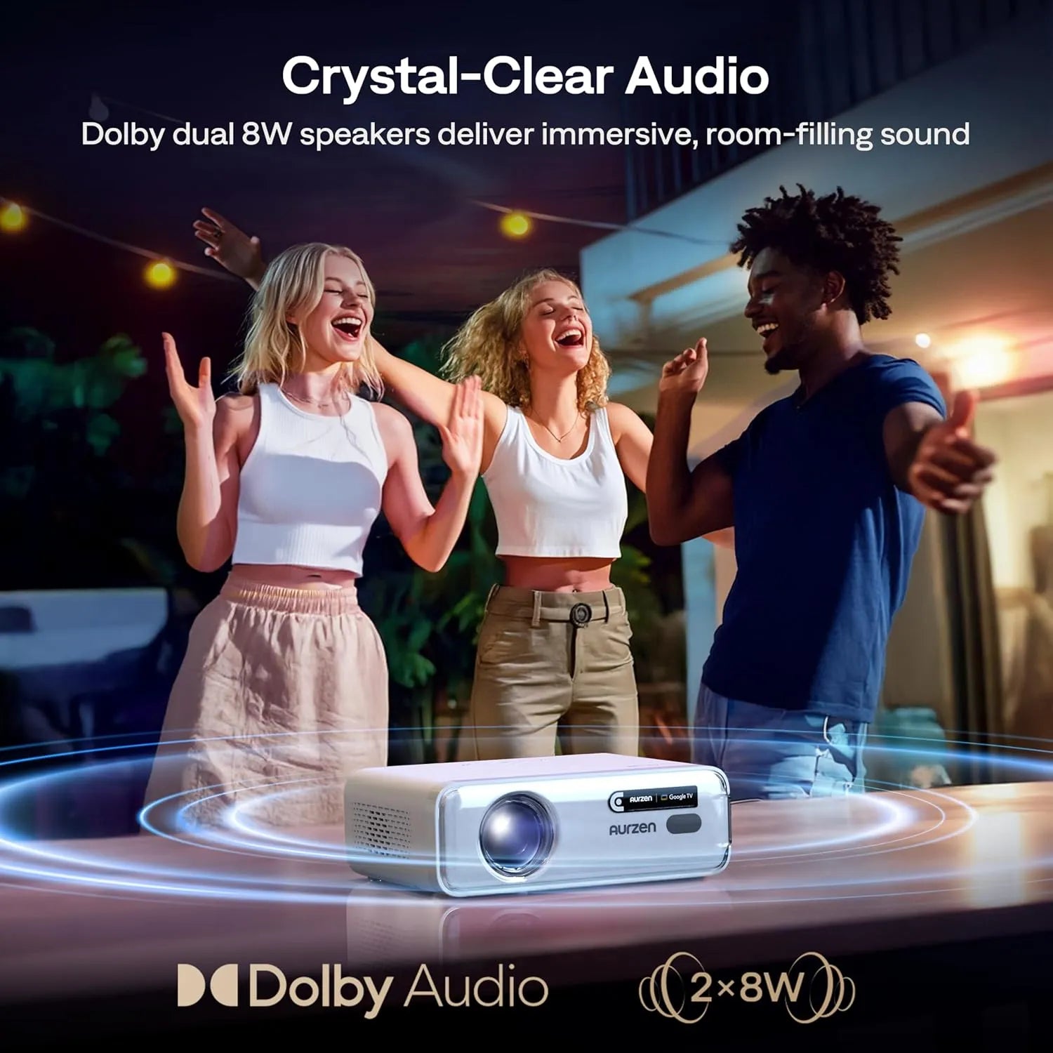 Aurzen projector with dual 8W Dolby Audio speakers delivering immersive crystal-clear sound