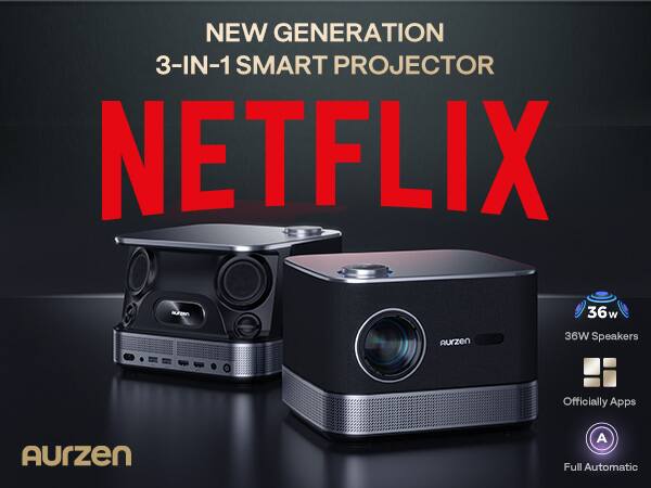 <tc>Aurzen</tc> - Projecteur intelligent natif 1080p, haut-parleurs 36 W & DoIby Audio, Auto Focus Keystone, Netflix Officiel 500 ANSI - Noir