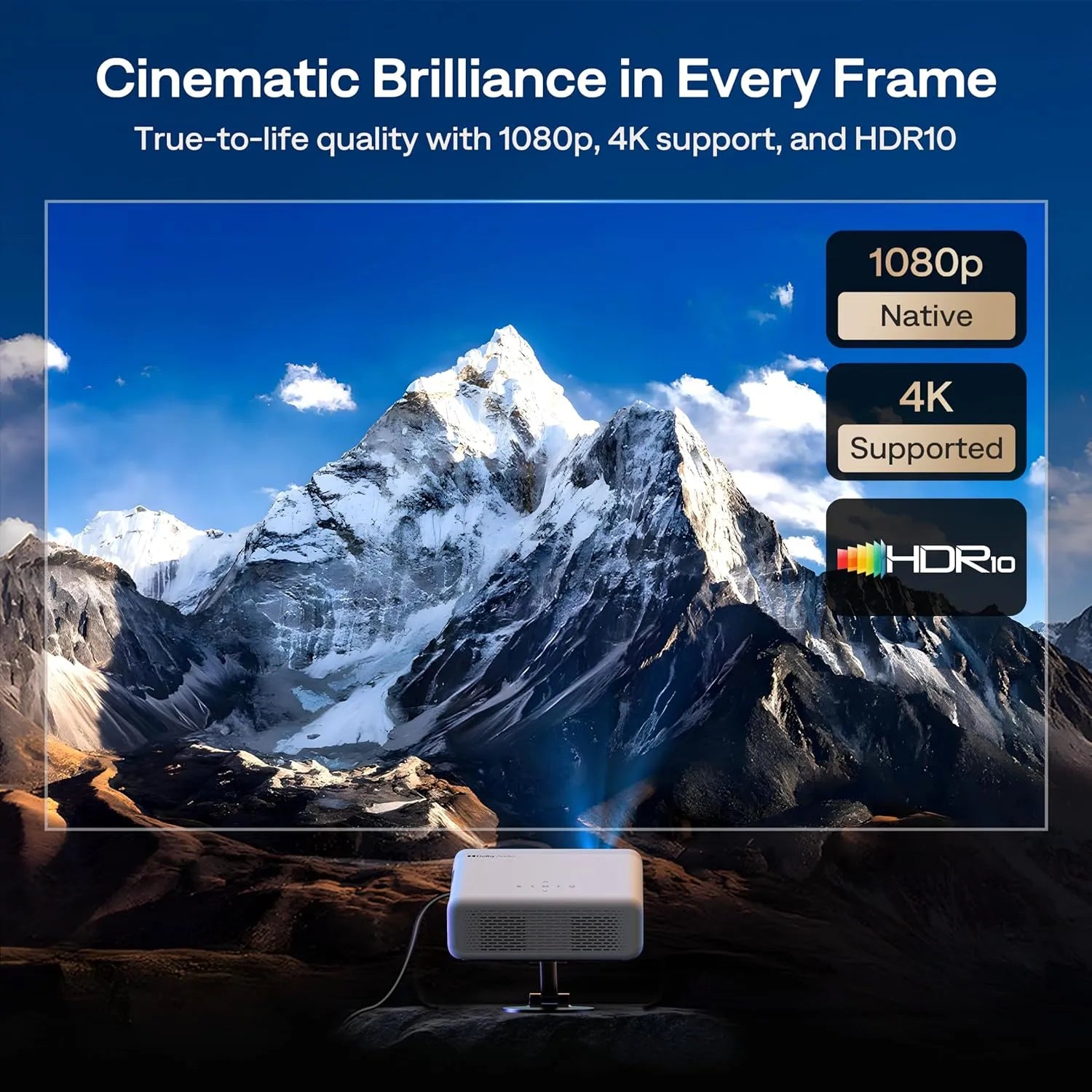 Aurzen EAZZE D1G Smart Projector demonstrating HDR10 and 4K support on large screen