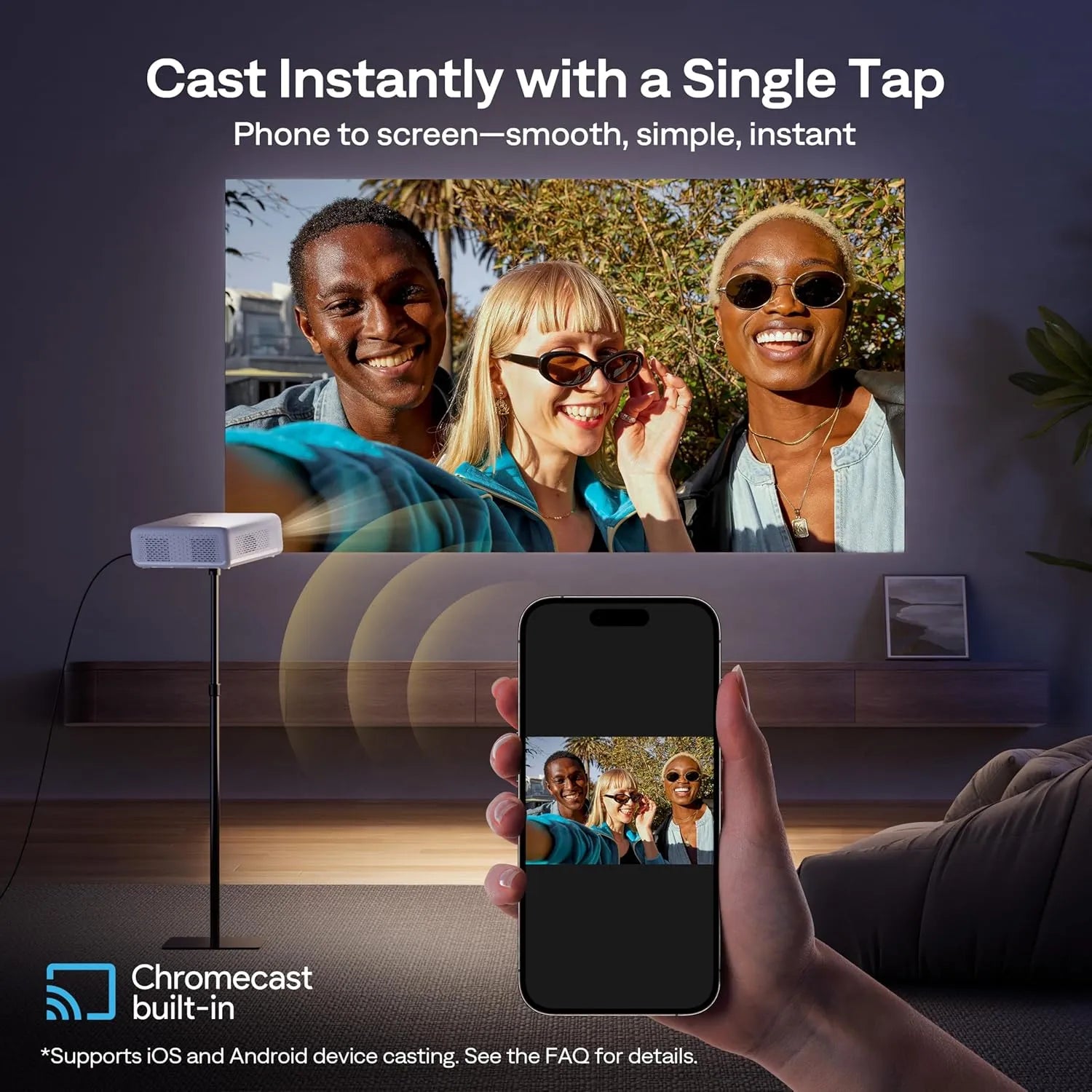 Casting content from smartphone to Aurzen projector via built-in Chromecast with a single tap