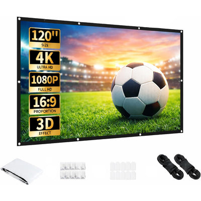 120" portable projector screen kit with 4K and 1080P labels, carry bag, cables