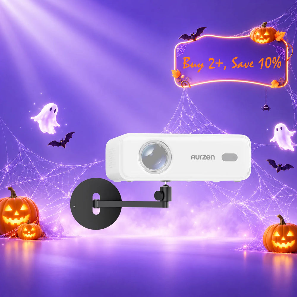 Adjustable projector wall mount with black bracket and round wall plate, white housing.