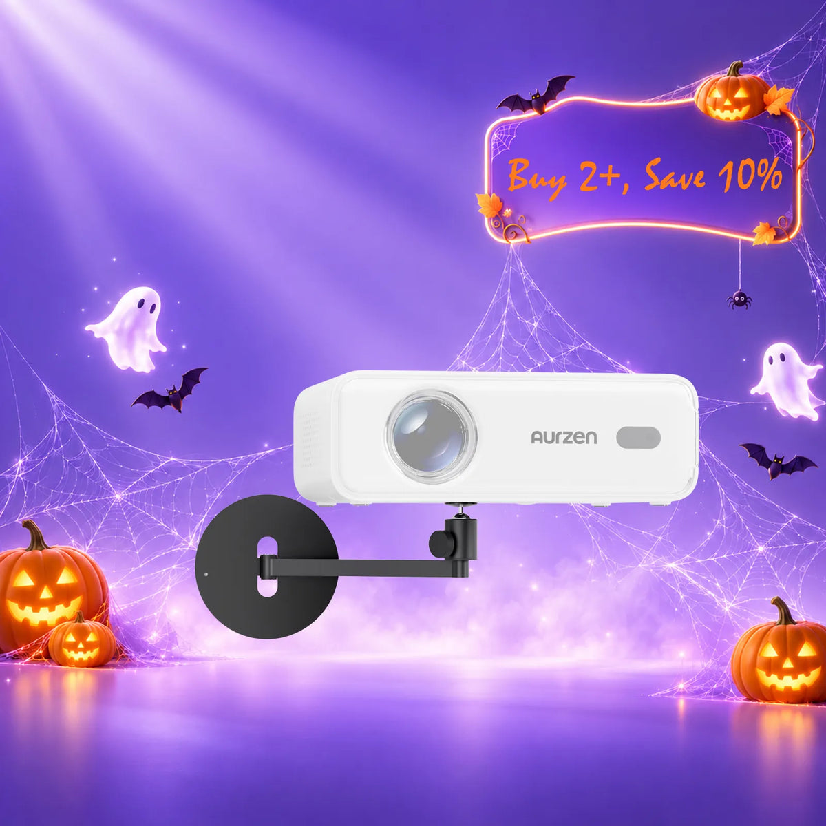 Adjustable projector wall mount with black bracket and round wall plate, white housing.