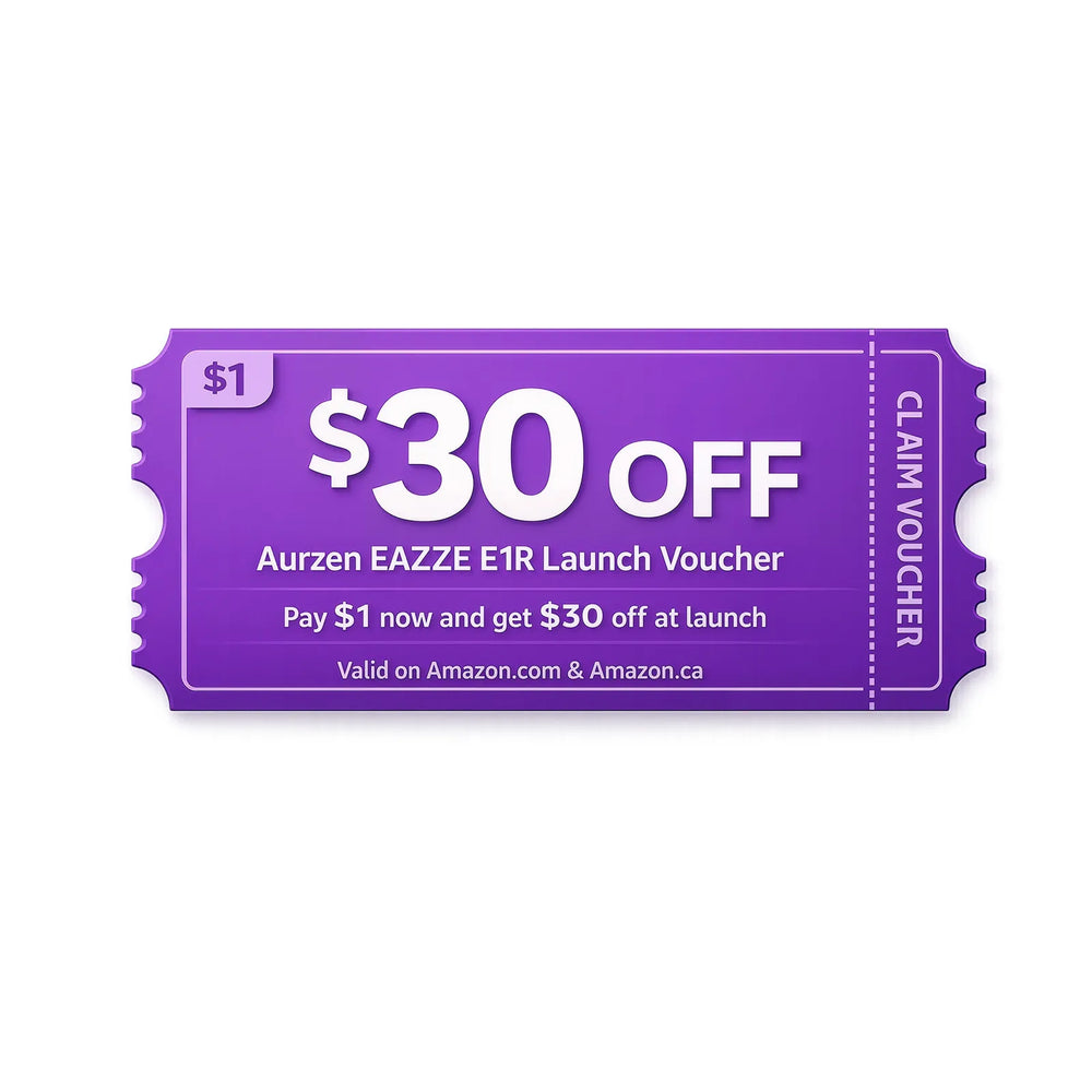 Purple $30 off launch voucher card for Aurzen EAZZE E1R, $1 pay now offer.