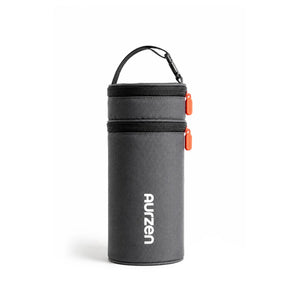 Aurzen dark gray projector carrying case standing upright with top handle and orange zipper