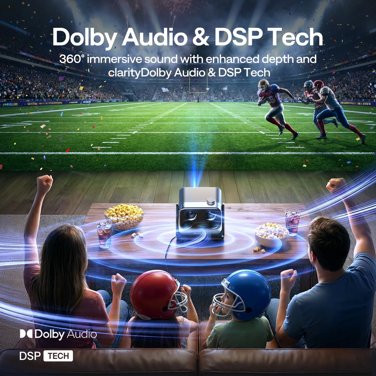 Family watching a Super Bowl game on a large screen with Dolby Audio & DSP Tech branding. Aurzen BOOM mini Super Bowl projector
