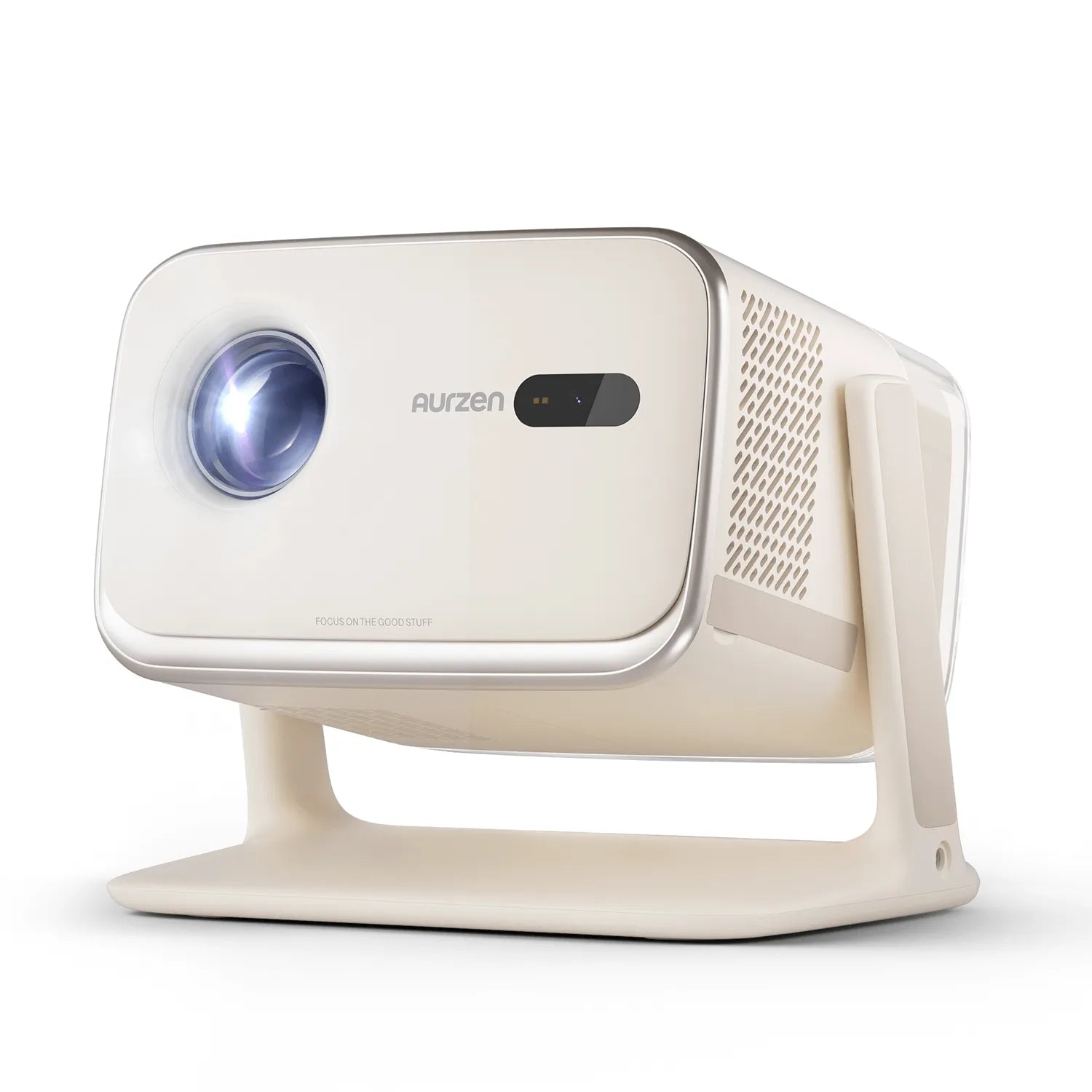 Off-white mini smart projector with front lens and vented side grille