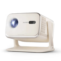 Off-white mini smart projector with front lens and vented side grille