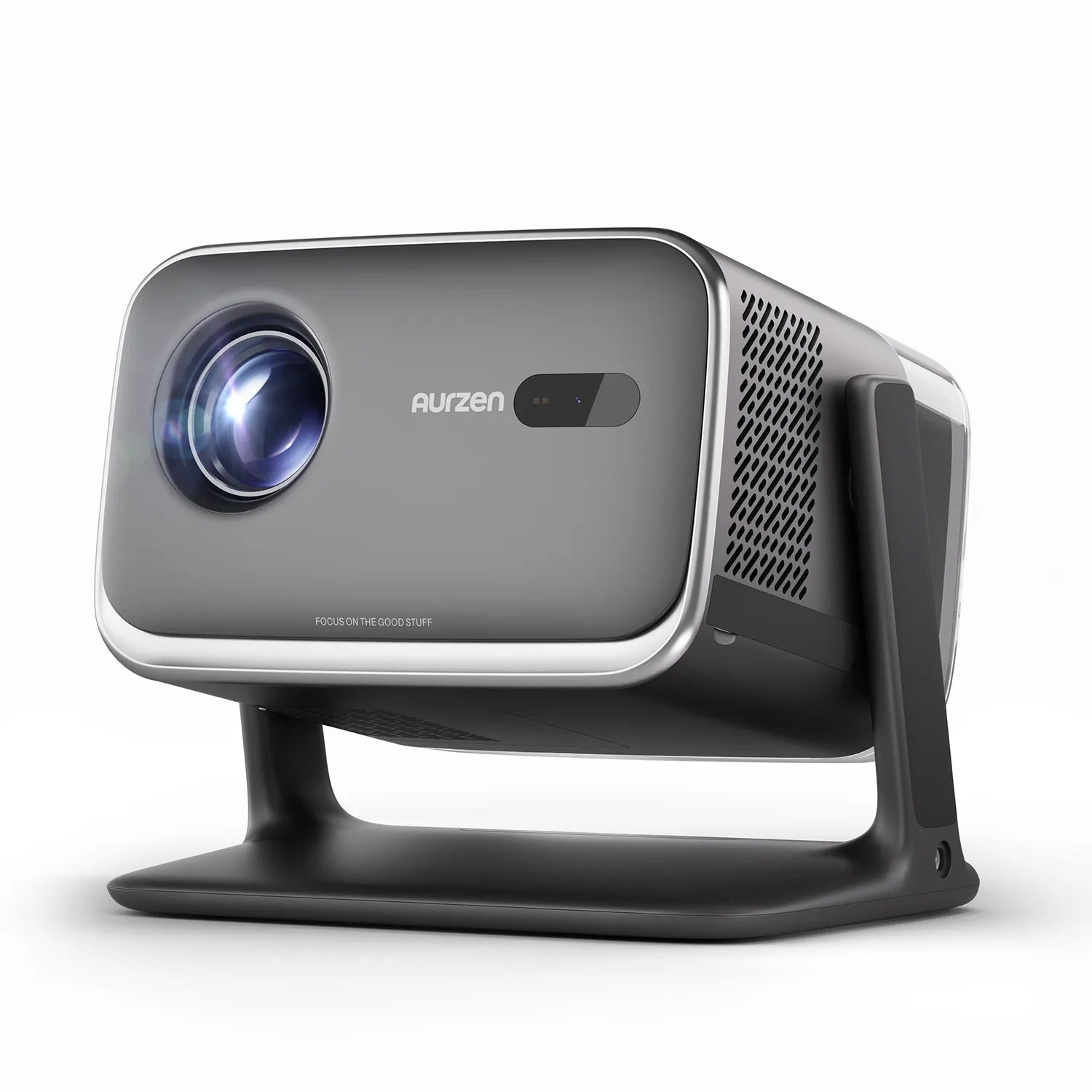 Black mini smart projector with front lens and vented side grille