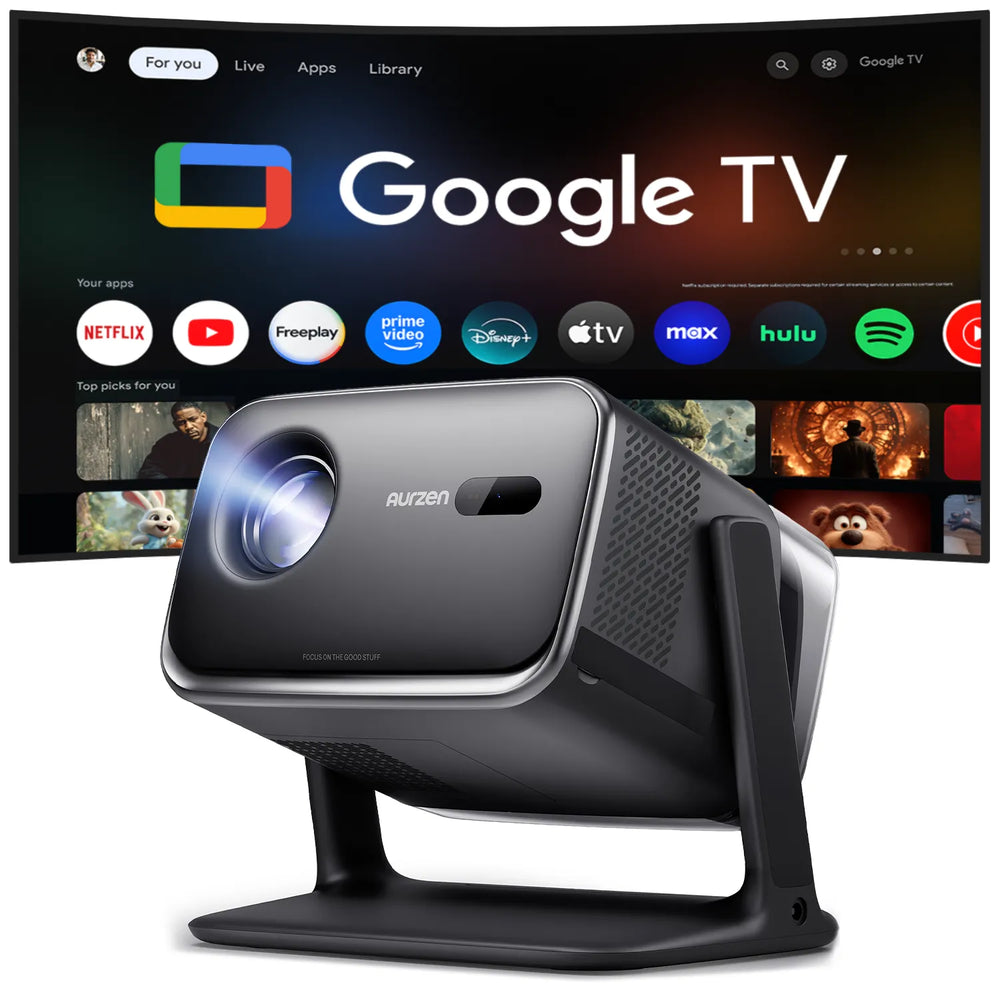 Projector with Google TV interface displayed on a screen in the background