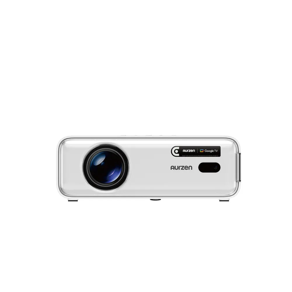 White smart projector front view with lens and Google TV control area