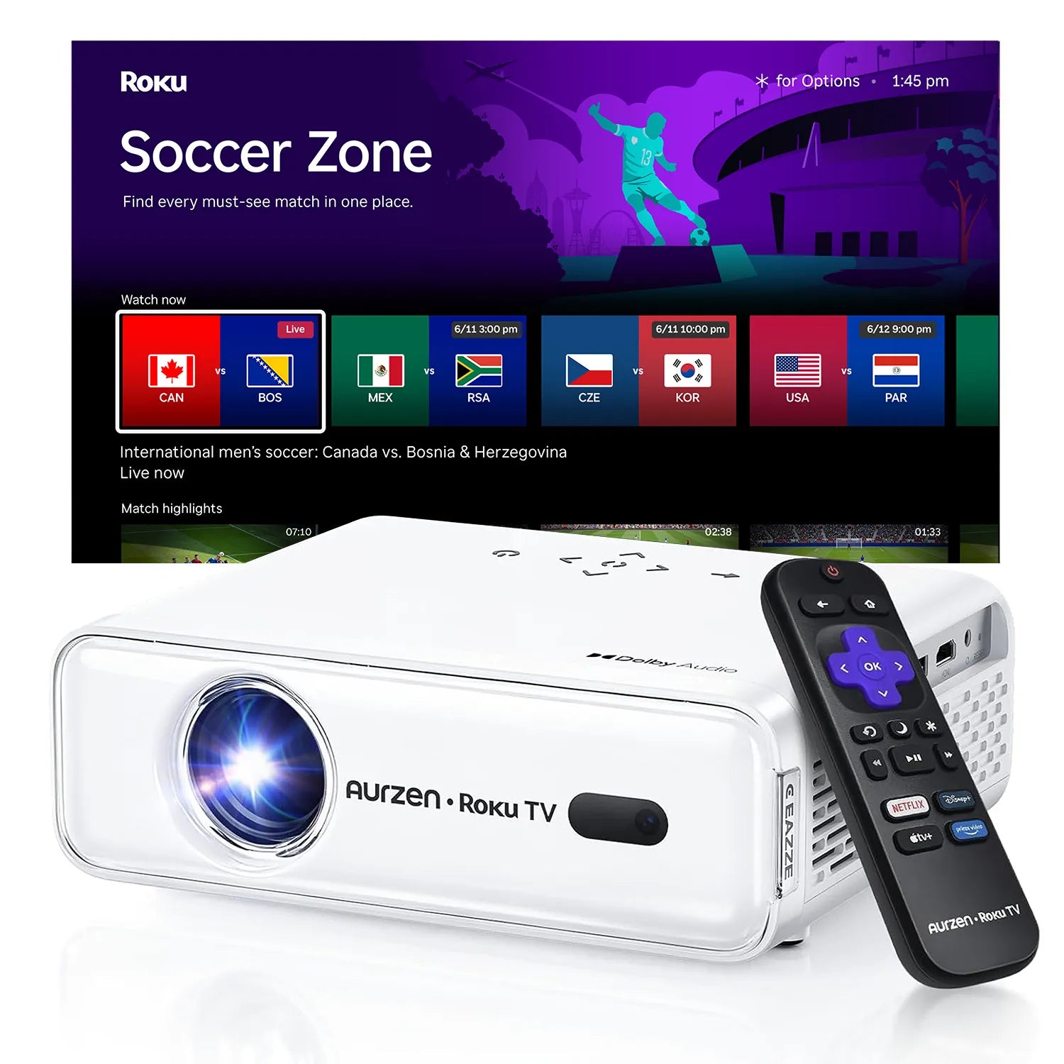 Aurzen EAZZE D1R Roku TV Smart Projector Soccer Zone