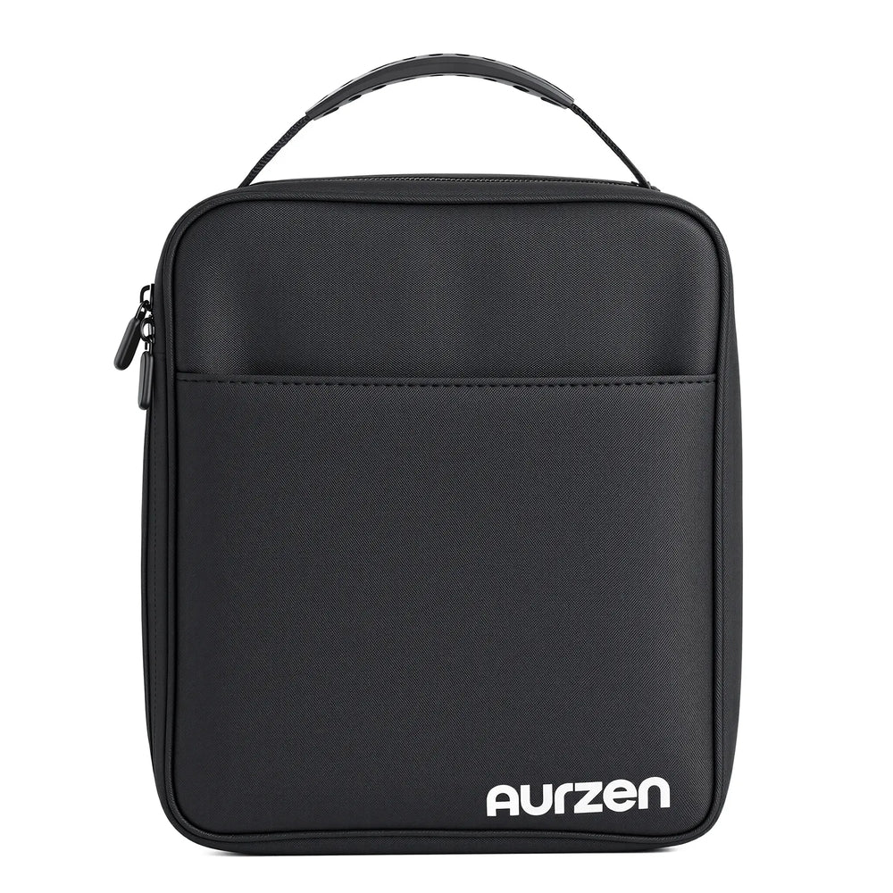 Black Aurzen projector carrying case, rear view with top handle and AU RZEN logo