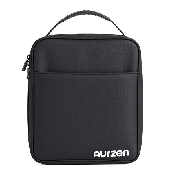 Black Aurzen projector carrying case, rear view with top handle and AU RZEN logo