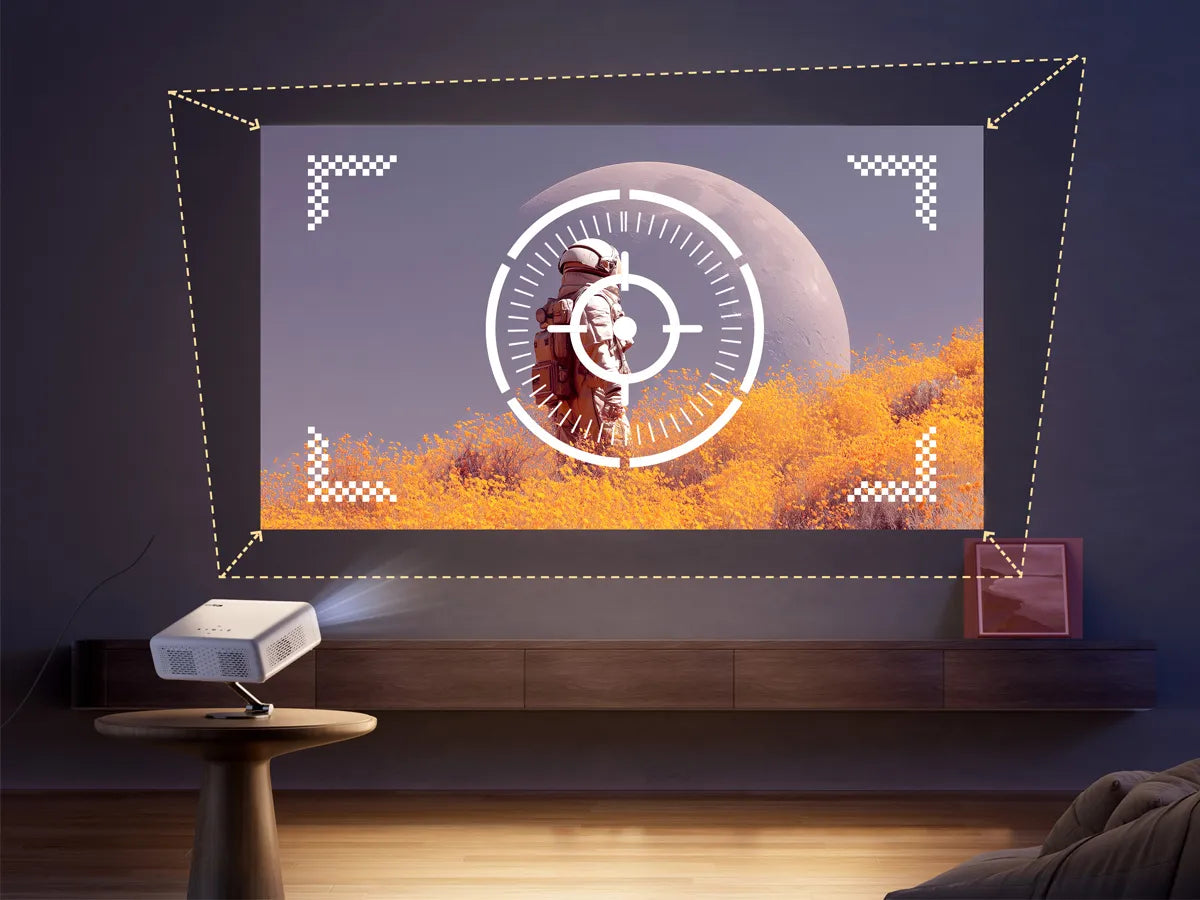 Aurzen D1G projector with auto-focus, keystone correction, and screen alignment for instant clarity