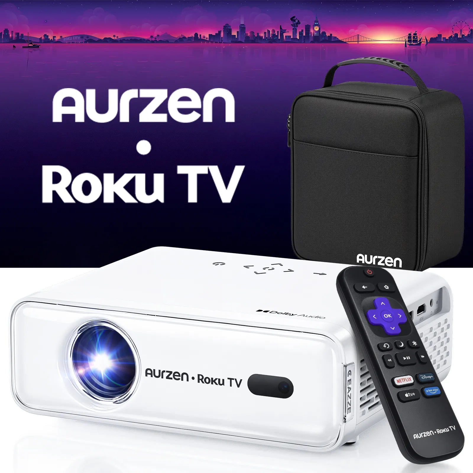 Aurzen Roku TV smart projector, white body with lens and remote control