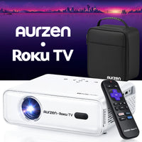 Aurzen Roku TV smart projector, white body with lens and remote control