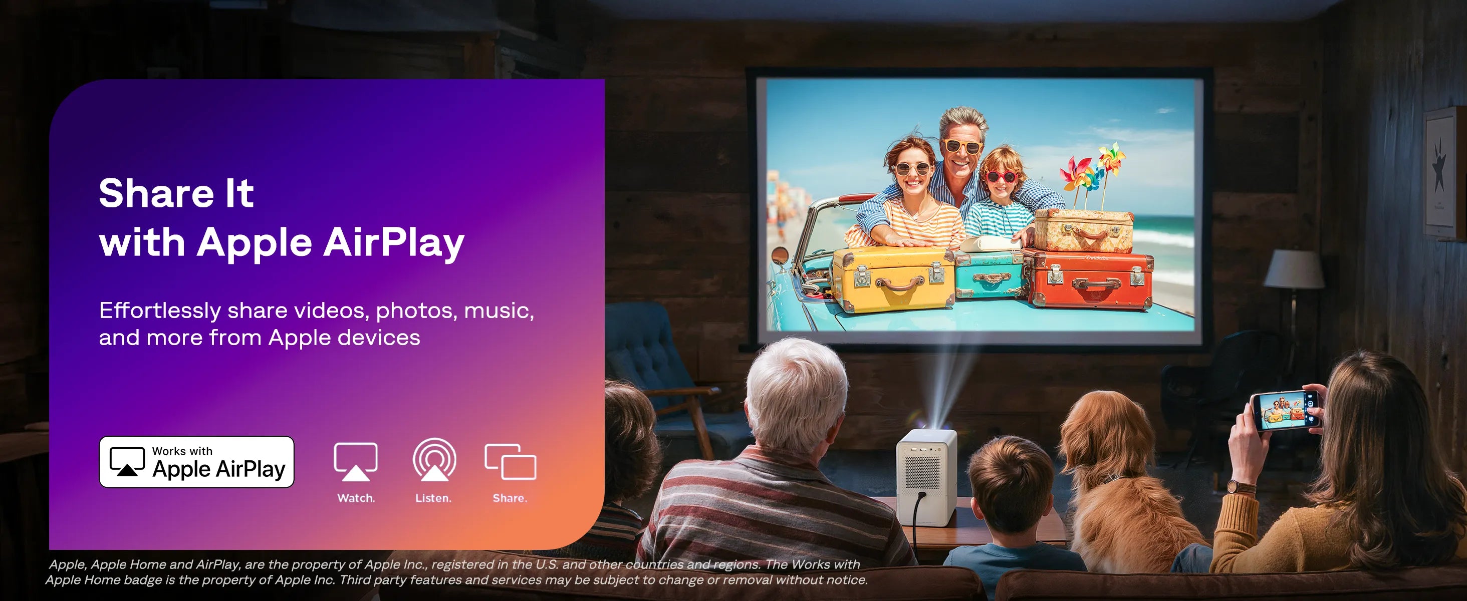 Apple AirPlay support lets you cast videos, photos, music, and more to the projector—no extra apps or complex pairing.