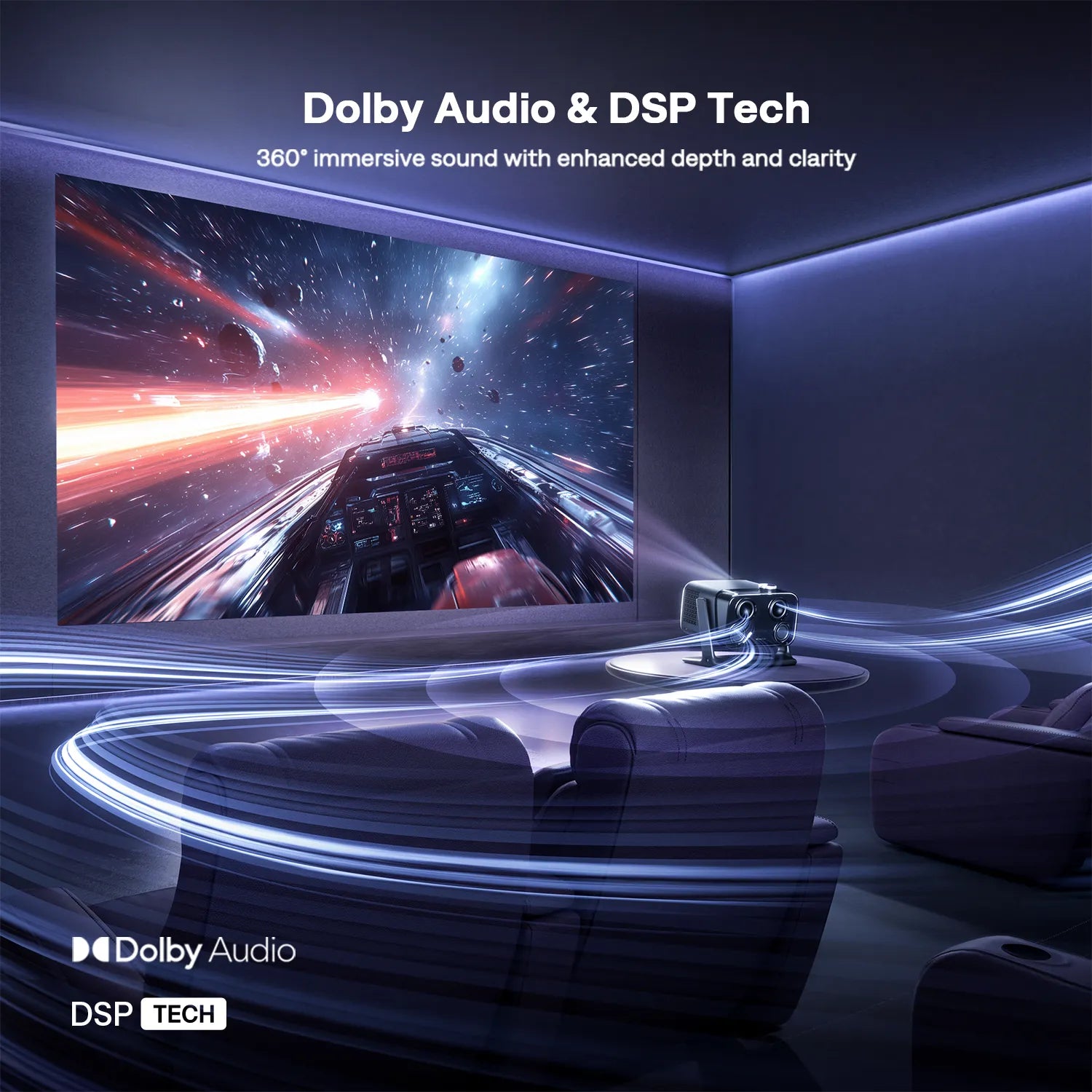 Home theater projector with Dolby Audio and DSP technology providing 360° surround sound