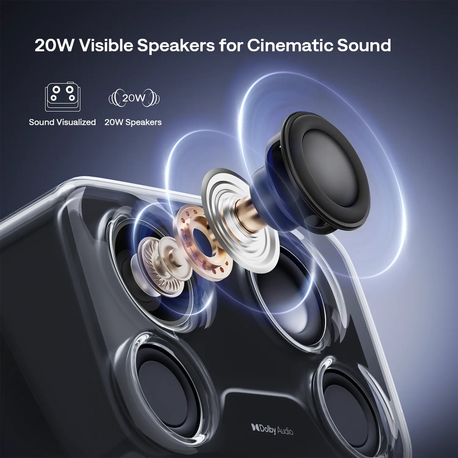 Dolby Audio projector with visible dual 10W speakers for immersive stereo sound experience