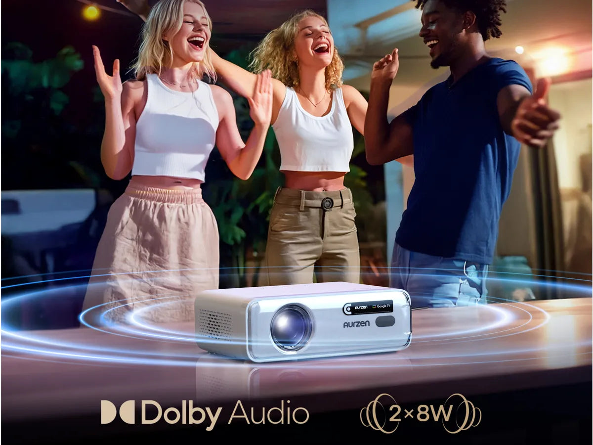 Aurzen D1G projector with dual 8W Dolby speakers delivering crystal-clear immersive audio