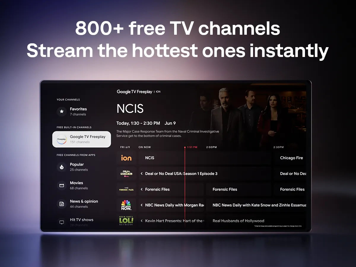 Aurzen projector streaming Google TV with over 800 free live channels including NCIS and popular TV shows.