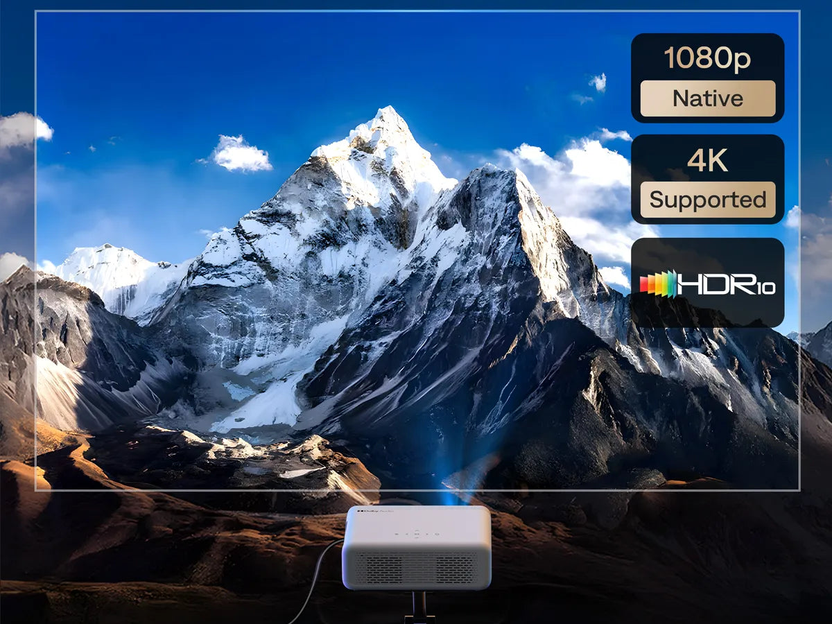 Aurzen D1G projector with native 1080p resolution, 4K support, and HDR10 cinematic quality
