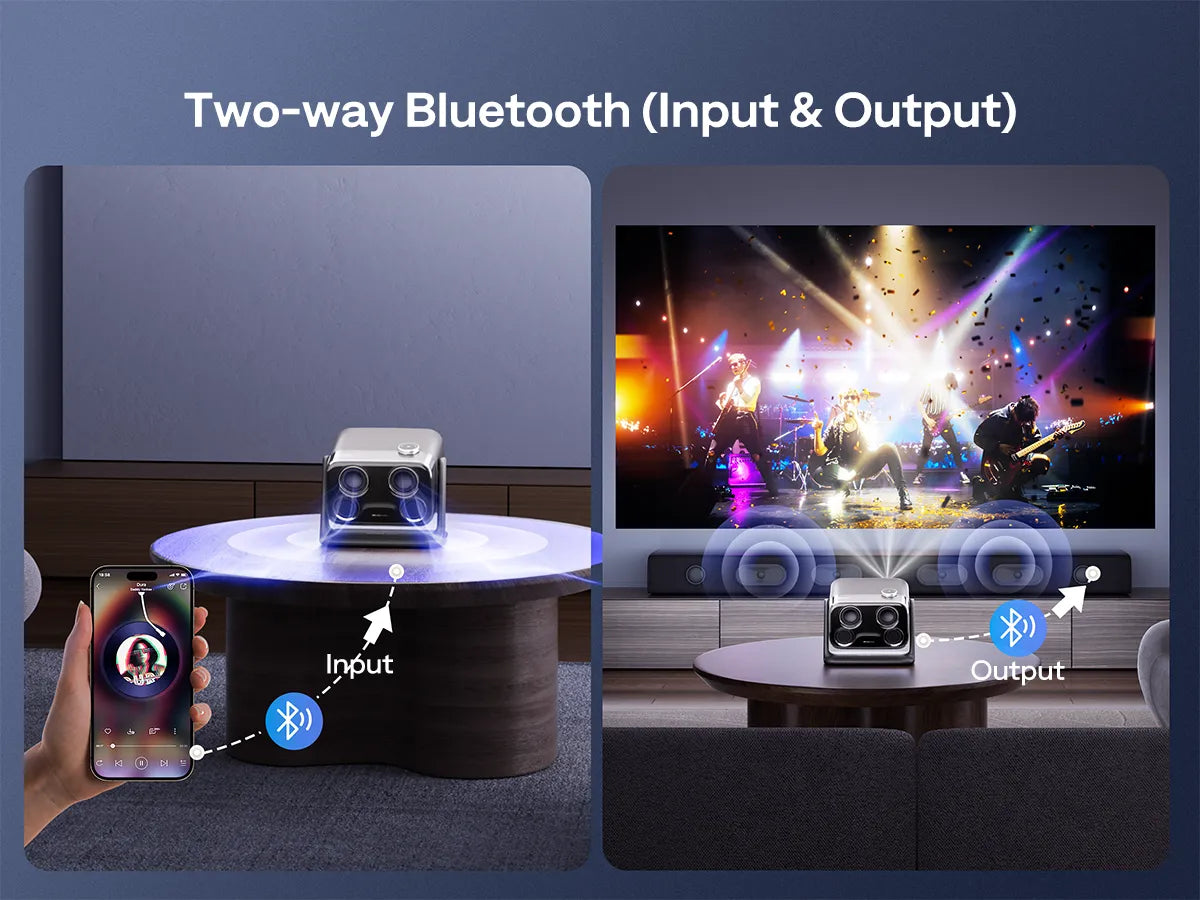 Two-way Bluetooth setup with a smartphone, audio equipment, and a screen displaying a concert.