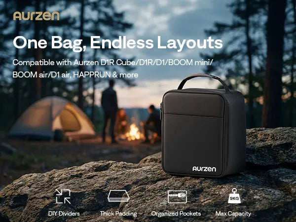 Black Aurzen bag on a rock with camping scene in the background