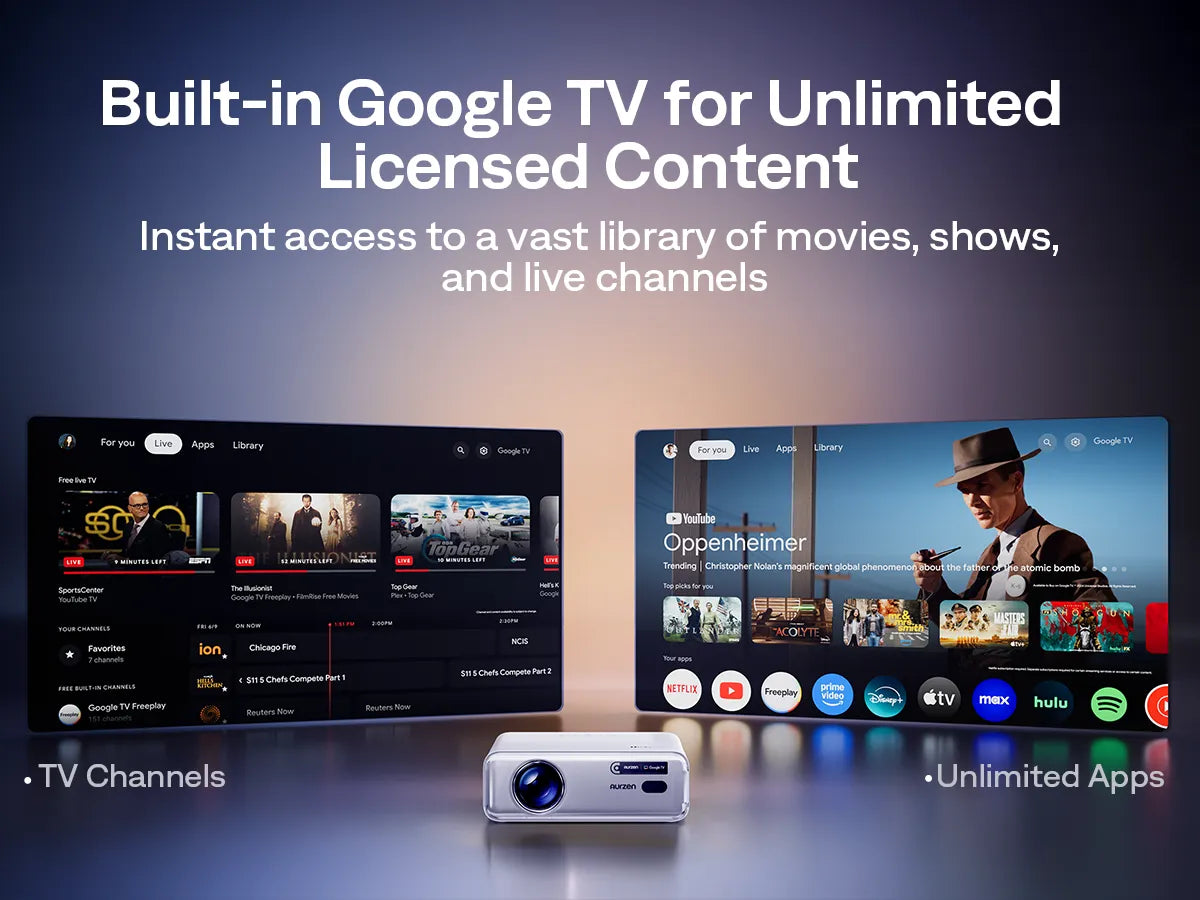 Built-in Google TV on the Aurzen projector offering unlimited movies, shows, and live channels