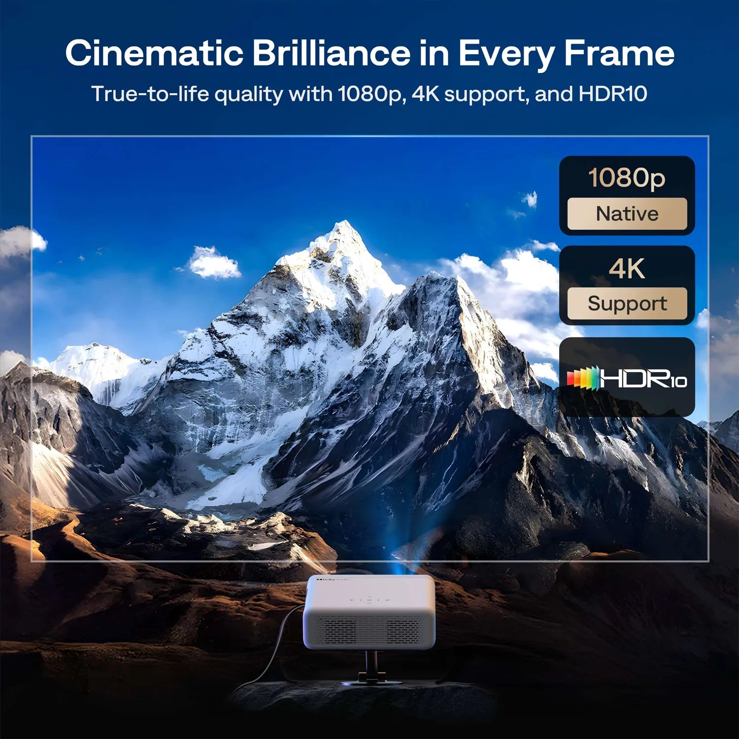 Aurzen EAZZE D1G Smart Projector demonstrating HDR10 and 4K support on large screen