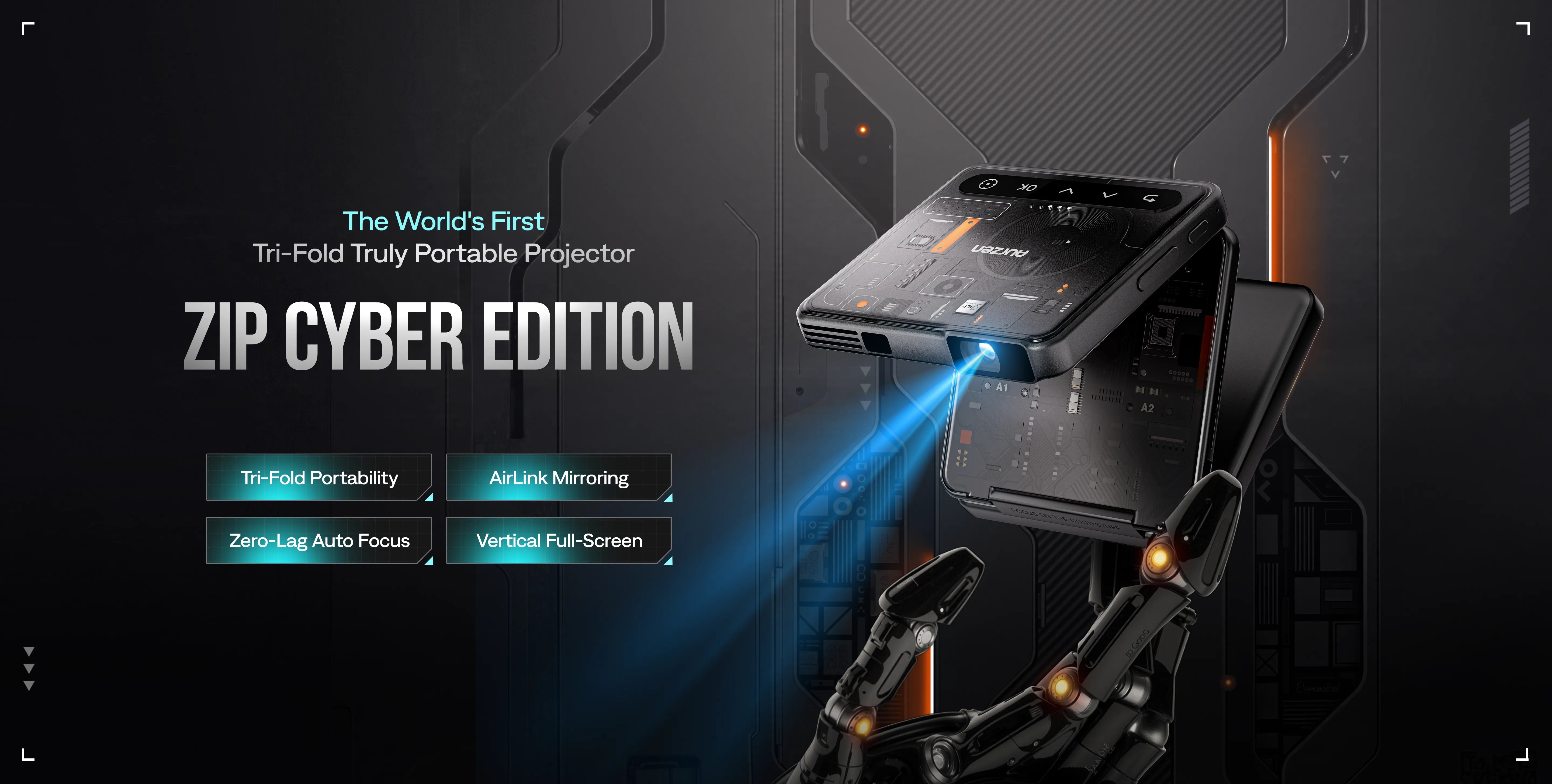 Tri-fold truly portable projector with branding and feature text on a dark background